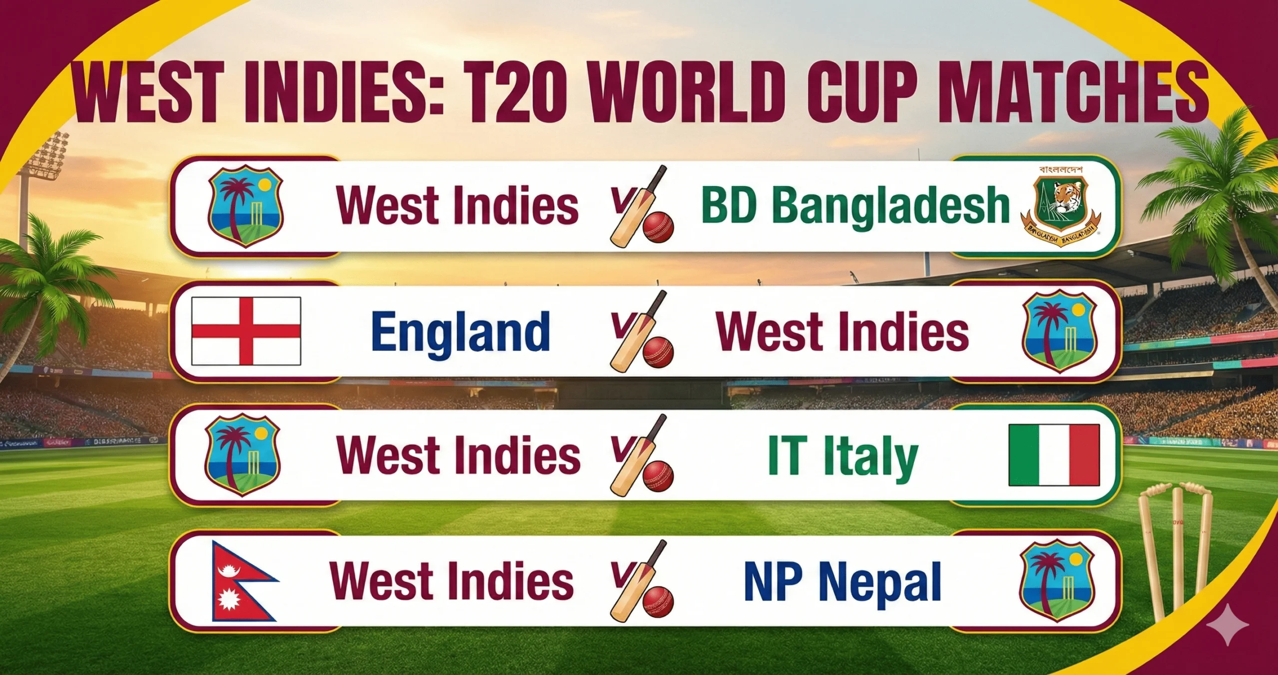 West Indies T20 World Cup 2026 Fixtures & Schedule – Venues, Match Dates